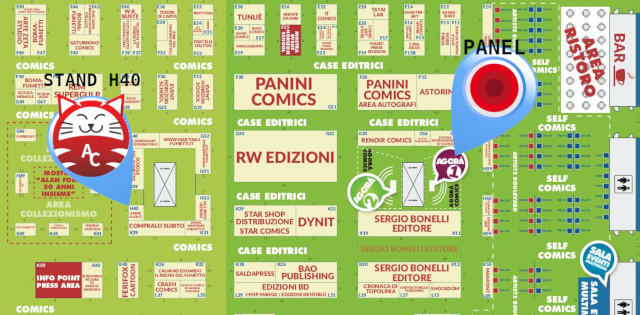 Mappa del Padiglione 16 del Cartoomics - In evidenza l'Agorà 1 dove si terrà il panel di EVA IMPACT e lo stand H40 di AnimeClick.it