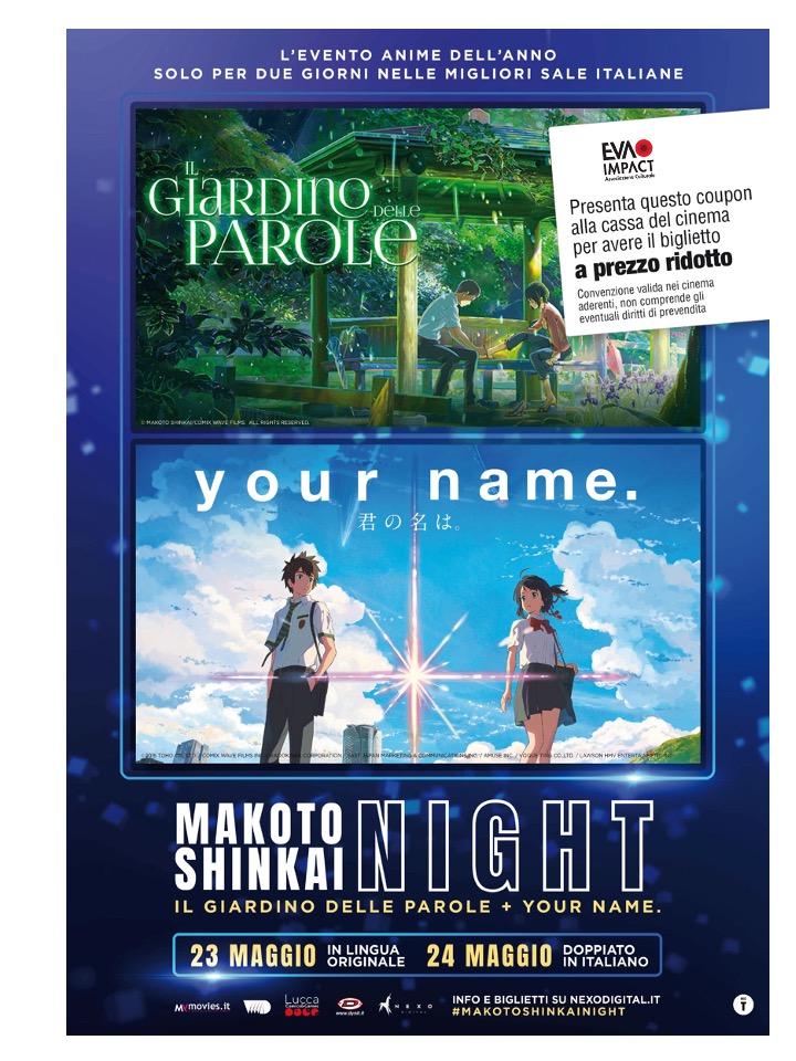 Coupon per un biglietto a tariffa ridotta per Makoto Shinkai Night, Your Name. e Il Giardino delle Parole